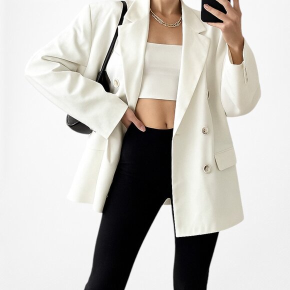 Off White Double Breasted Shoulder Padded Oversized Blazer Jacket Size XS - Picture 1 of 6